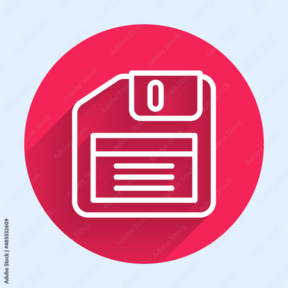 Poster white line floppy disk for computer data storage icon isolated with long shadow background. diskette