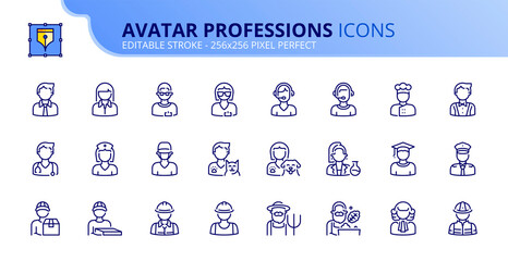 Simple set of outline icons about avatar professions.