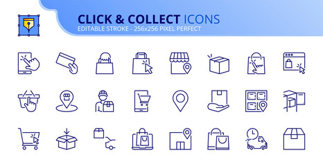 Simple set of outline icons about click and collect. Shopping online concepts.