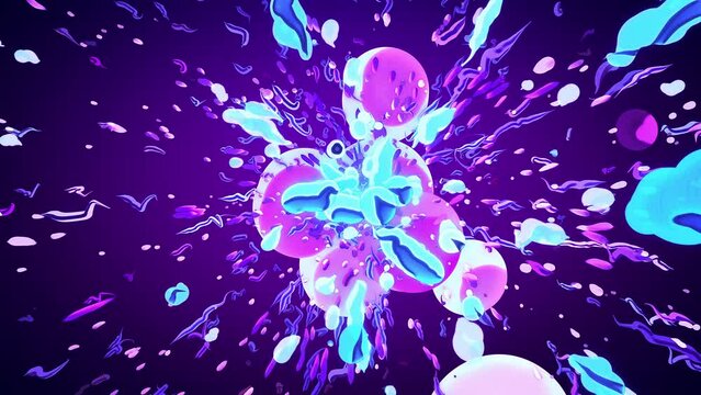 Purple pink abstract bubble ball cel animation loop background. Concept 3D animation of spring and summer fresh hypnotic splash bubbles in manga style. Decorative colorful joy promo cartoon backplate.