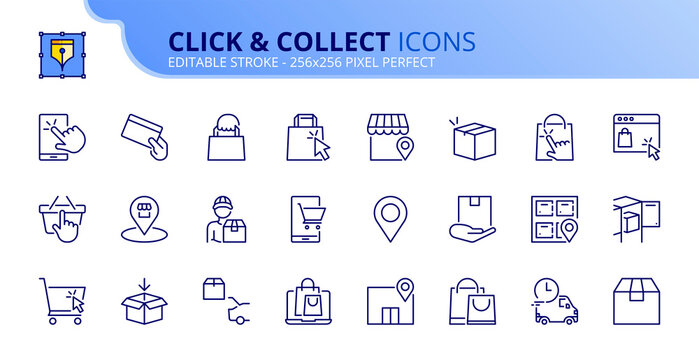 Simple set of outline icons about click and collect. Shopping online concepts.