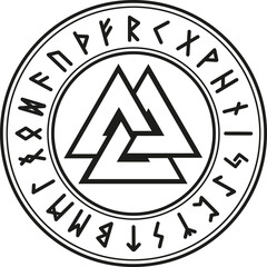 Ancient Scandinavian symbol valknut sign knot of fallen warriors well as the sign of Odin surrounded by runes