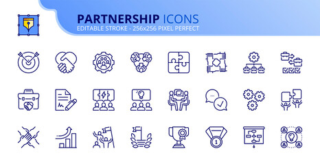 Simple set of outline icons about partnership. Business concept.