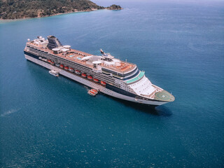 Top view of the beautiful cruise liner, the deck, equipment, helideck; recreation concept.