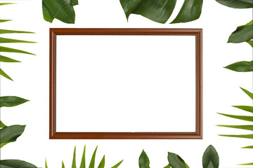 green tropical leaves, Brown wooden frame on isolated background.copy space