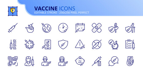 Simple set of outline icons about vaccine. Science and medicine concept. - obrazy, fototapety, plakaty