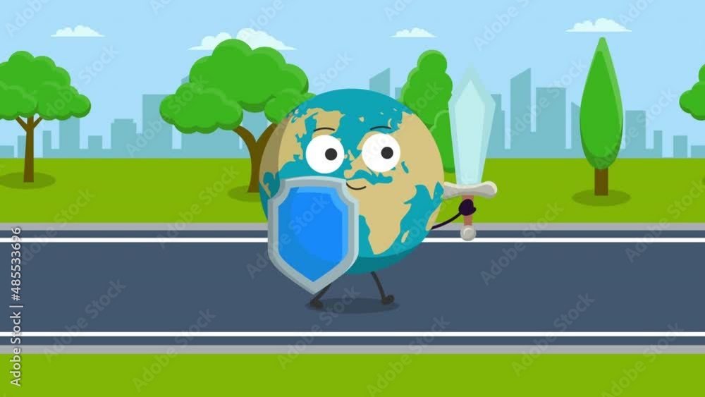 Poster cute earth character with sword and shield animation.4k video motion animation.