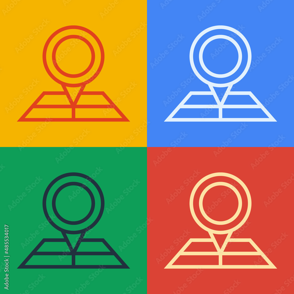 Poster pop art line folded map with location marker icon isolated on color background. vector