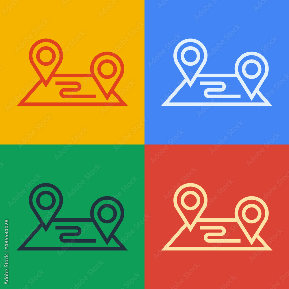 Poster pop art line route location icon isolated on color background. map pointer sign. concept of path or 