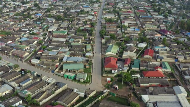 Aerial view cityscape of Lusaka Zambia. Architecture of African houses and neighborhoods with one-story houses in downtown town.