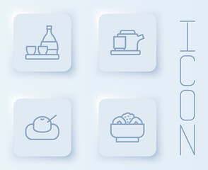 Set line Bottle of sake, Traditional tea ceremony, Mochi and Chow mein plate. White square button. Vector