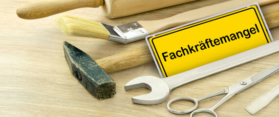 Gelbes Schild und Fachkräftemangel in Deutschland mit Werkzeug auf Holz
