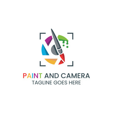 Vector Template Logo focus camera and camera lens with paint brush, suitable for painters and drawing, camera painters, art and photography.