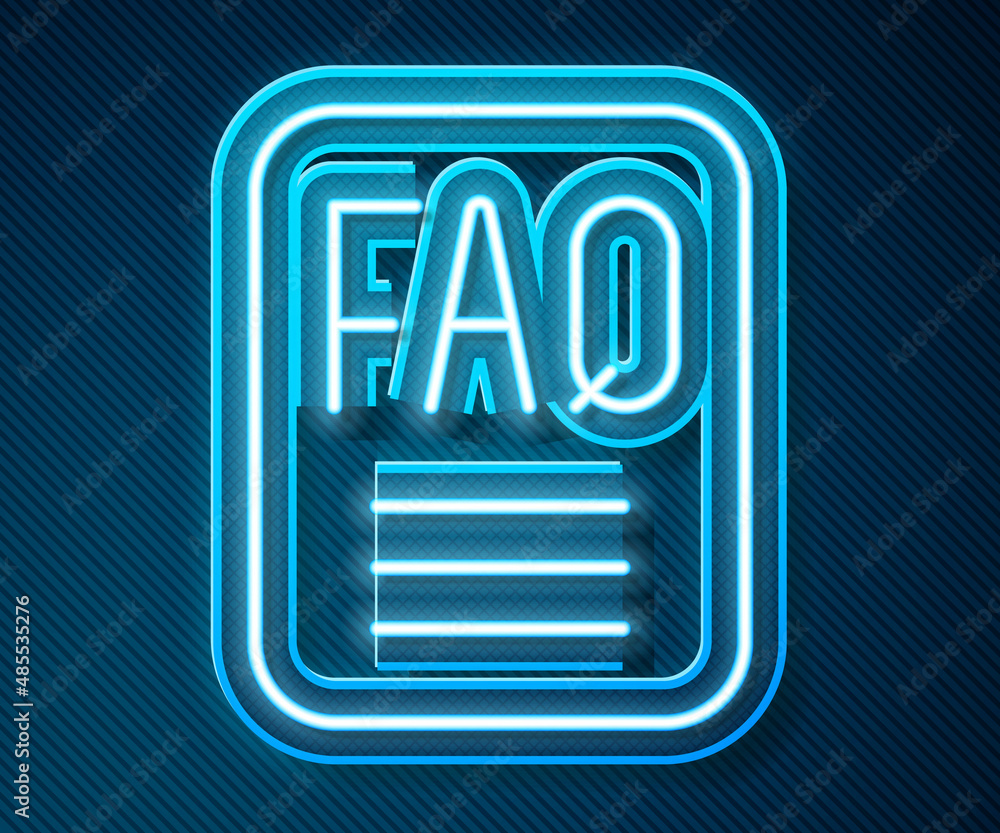 Poster glowing neon line speech bubble with text faq information icon isolated on blue background. circle b