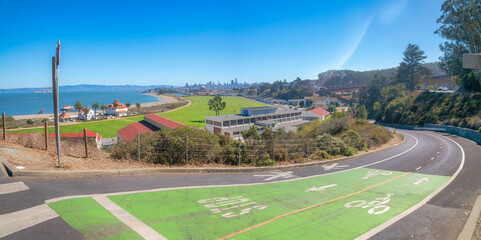 Bike lanes and walk lane with a view of the bay at San Francisco, California