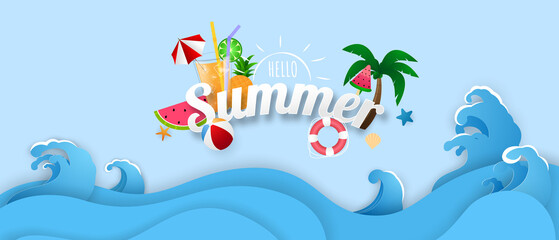 summer sea view with water toys placed on the beach paper cut background and handicraft pattern vector illustration