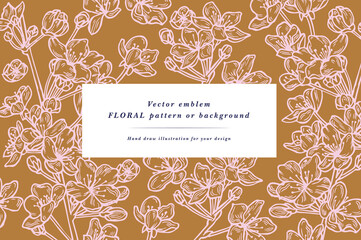Vintage card with sakura flowers. Floral wreath. Flowers background with cherry blossom for cosmetics packaging.