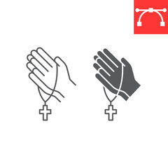 Pray line and glyph icon, hope and christianity, praying hands with rosary vector icon, vector graphics, editable stroke outline sign, eps 10.