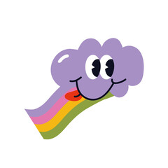 Vector illustration cute cloud with smiling face and with a rainbow. Cartoon character isolated on a white background.