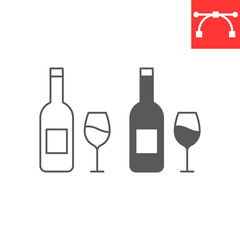 Wine line and glyph icon, beverage and celebration, Wine bottle with wine glass vector icon, vector graphics, editable stroke outline sign, eps 10.