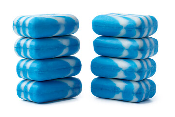 Stacked blue soap bars isolated on white background