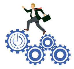 時計付きの歯車の上を走る白人男性のビジネスマン会社員のアバター　ビジネスイメージ労働生産性
