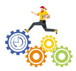 時計付きの歯車の上を走る白人女性の配達員デリバリーのアバター　ビジネスイメージ労働生産性、白背景