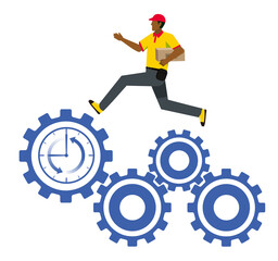 時計付きの歯車の上を走る黒人男性の配達員デリバリーのアバター　ビジネスイメージ労働生産性、白背景