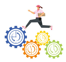 時計付きの歯車の上を走る黄色人種女性の配達員デリバリーのアバター　ビジネスイメージ労働生産性、白背景