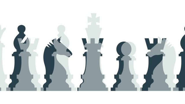 Chess game background. Chess pieces moving sideways and crossing each other. Animated illustration on seamless loop