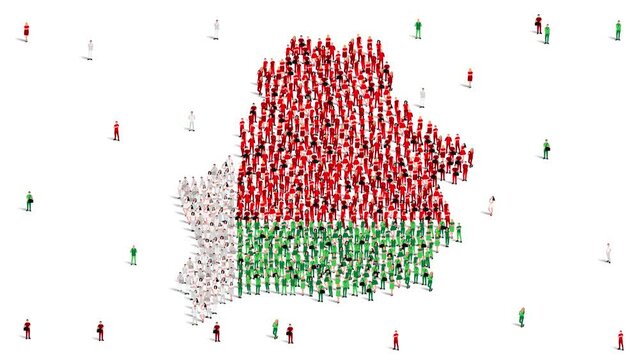 Belarus Map and Flag. A large group of people in the Belarus flag color form to create the map. 4K Animation Video.