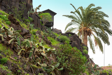Fototapeta na wymiar Hut on the hill in the Valle Gran Rey on La Gomera. The valley of the great king, with its beauty and diversity, invites to hike and exploring of the environment