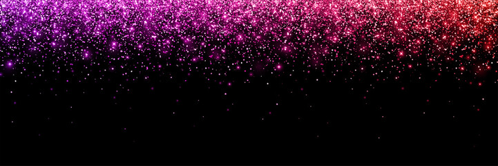 Wide red purple falling particles with glow lights on black background. Vector