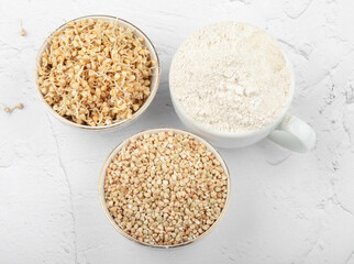 Green buckwheat. Different types: sprouted green buckwheat, green buckwheat flour, raw buckwheat seeds