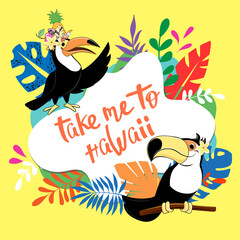 Summer banner with tropical leaves and cartoon summer toucans. T-shirt design, postcard, wallpaper, print, sale