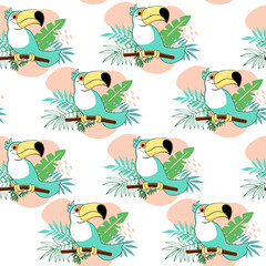 Cute summer cartoon toucans and tropical leaves seamless pattern. Vector illustration funny animals. Design for t-shirts, greeting card, posters and birthday party