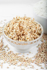 Green sprouted buckwheat in a porcelain bowl on a white background. Flat copy space from above. Healthy vegan food, eco food, diet, organic. Harvest season of new life
