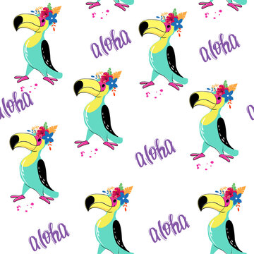 Summer cartoon toucans seamless pattern. Vector illustration funny animals. Design for t-shirts, greeting card, posters and birthday party