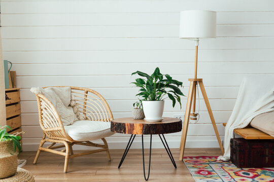 Rattan armchair and floor lamp in living room interior with plants. Cozy interior in boho style. Real photo