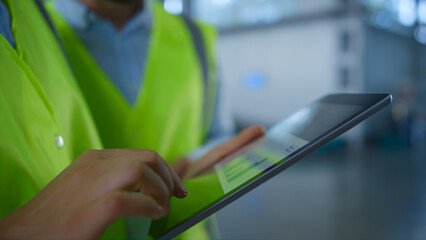 Closeup storage workers tablet data checking manufacture inspection process.