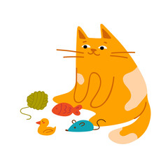 Purebred cute cat sitting with fish, mouse, ball of yarn. Set of pet toys in cartoon style. Trendy funny kitty illustration for pet shop, vet clinic