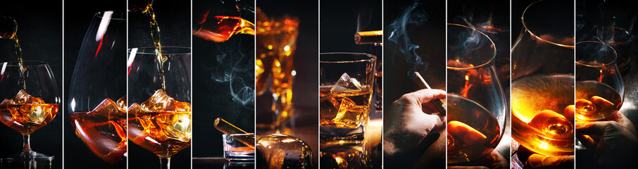 Collage with glasses whiskey or other alcohol, cubes ice, smoking cigar