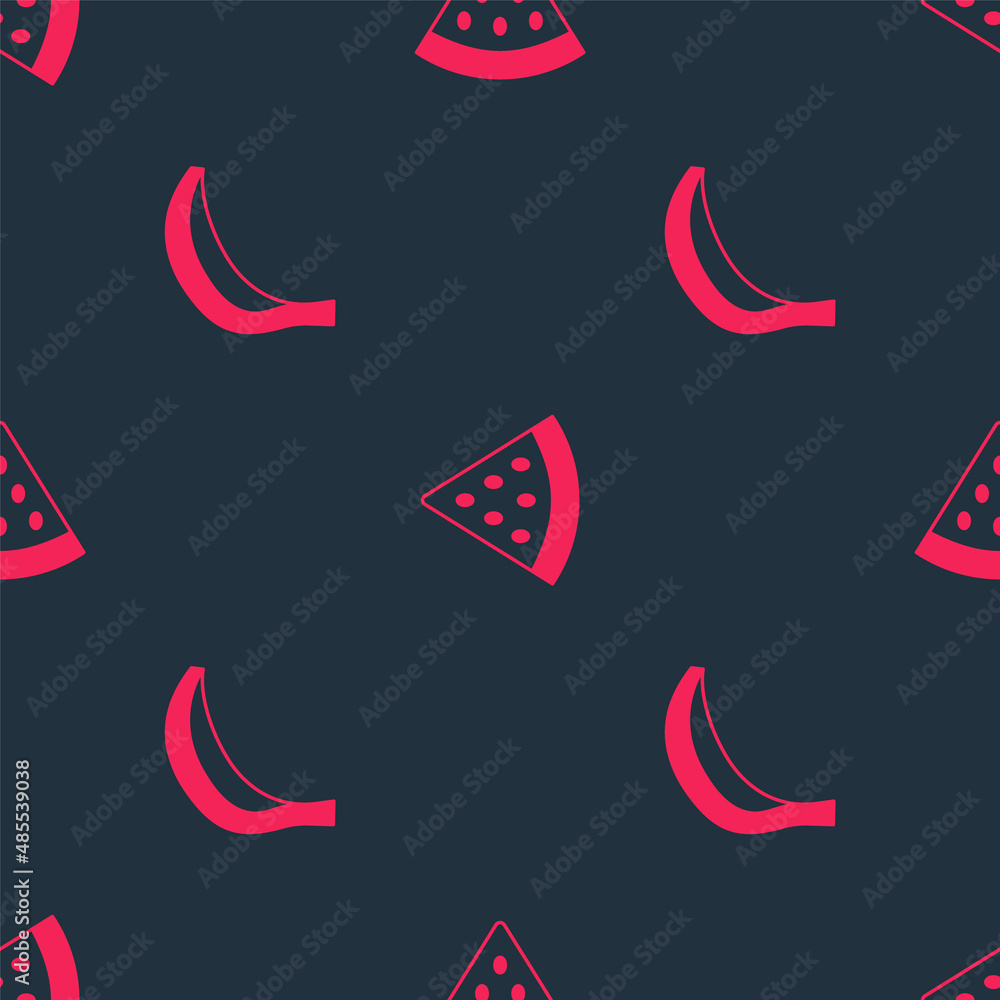 Poster set banana and watermelon on seamless pattern. vector