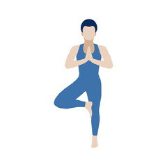 Fototapeta na wymiar Vrikshasana, the tree pose is one of the most ancient asanas. A girl in a sporty blue jumpsuit stands on one leg. Vector illustration isolated on a white background for design and web.