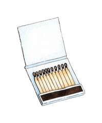 Watercolor illustration of an open book of matchboxes full of red-headed matches. Get the flame. Light the fire. Burnt wooden stick. Hand drawn doodles. Isolated on white background. Drawn by hand.