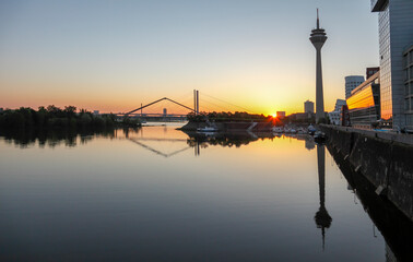 Dusseldorf's Media Harbour, Rhine Tower at sunrise,  Düsseldorf, North Rhine Westphalia, Germany