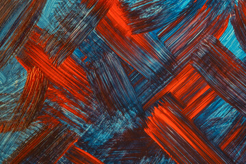 Abstract art background dark neon red and blue colors. Watercolor painting on canvas with strokes and splash.