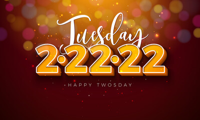 Happy Twosday Illustration with Tuesday 2-22-22 Letter and Colorful Light Bulb on Shiny Dark Background. Vector 22 February 2022 Special Day Theme Design for Flyer, Greeting Card, Banner, Holiday