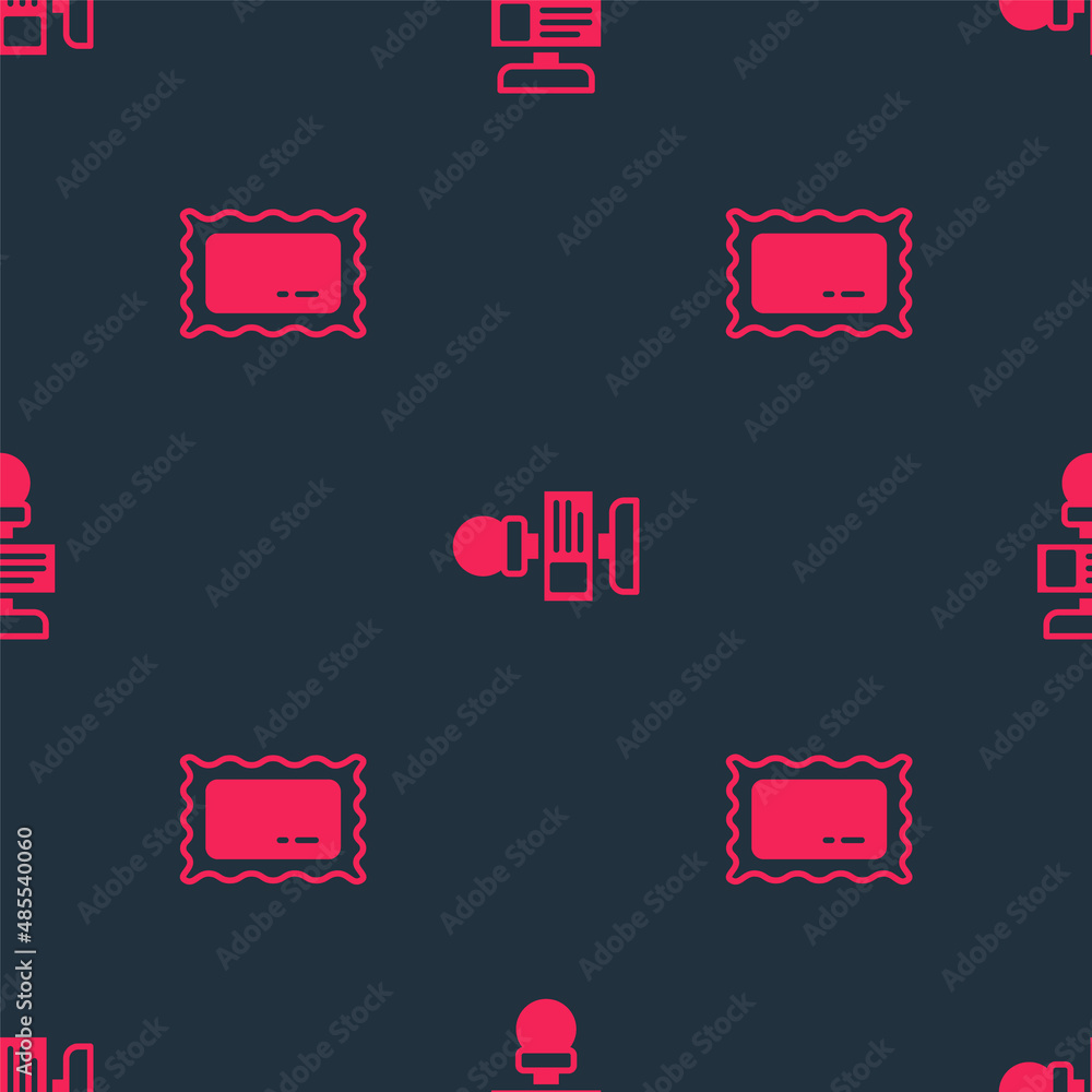 Poster set big full length mirror and microphone on seamless pattern. vector
