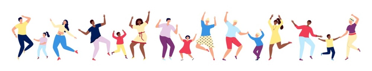 Fototapeta na wymiar Family dancing. Dance families, parents teen with children performance. Happy fathers, mothers and kids. Flat fun summer utter vector characters